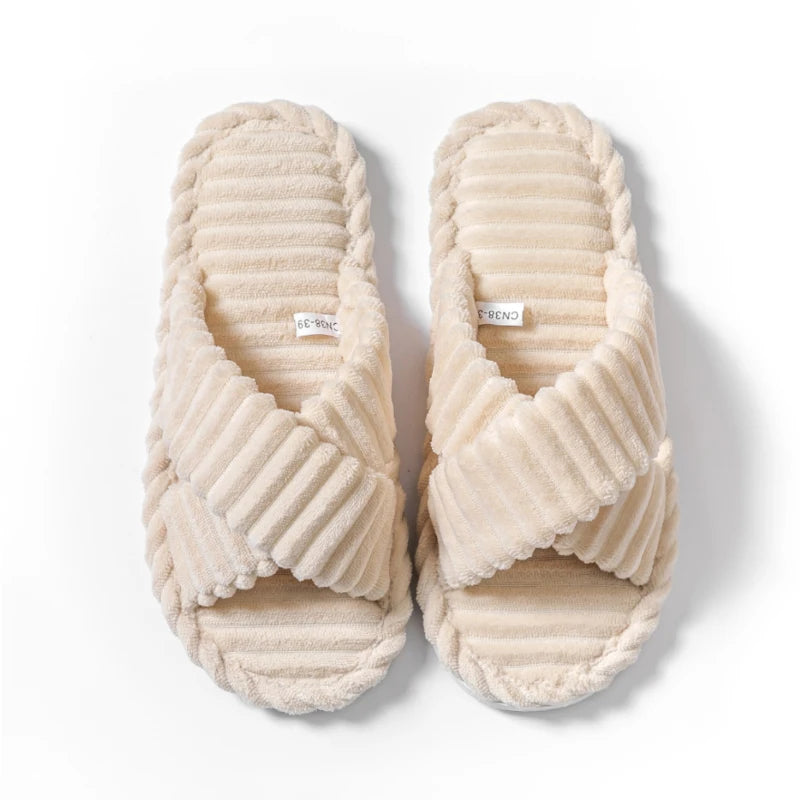 Fashion Corduroy Cross Band Open Toe Home Slippers Women Autumn Winter Warm Plush Slides Ladies Bedroom Soft Sole Slippers