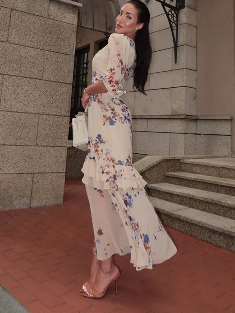 Women Floral Print Short Sleeve Maxi Dress Fashion V-neck Ruffle Trim Belted Slit Hem Dresses Casual Lady Daily Vacation Gowns