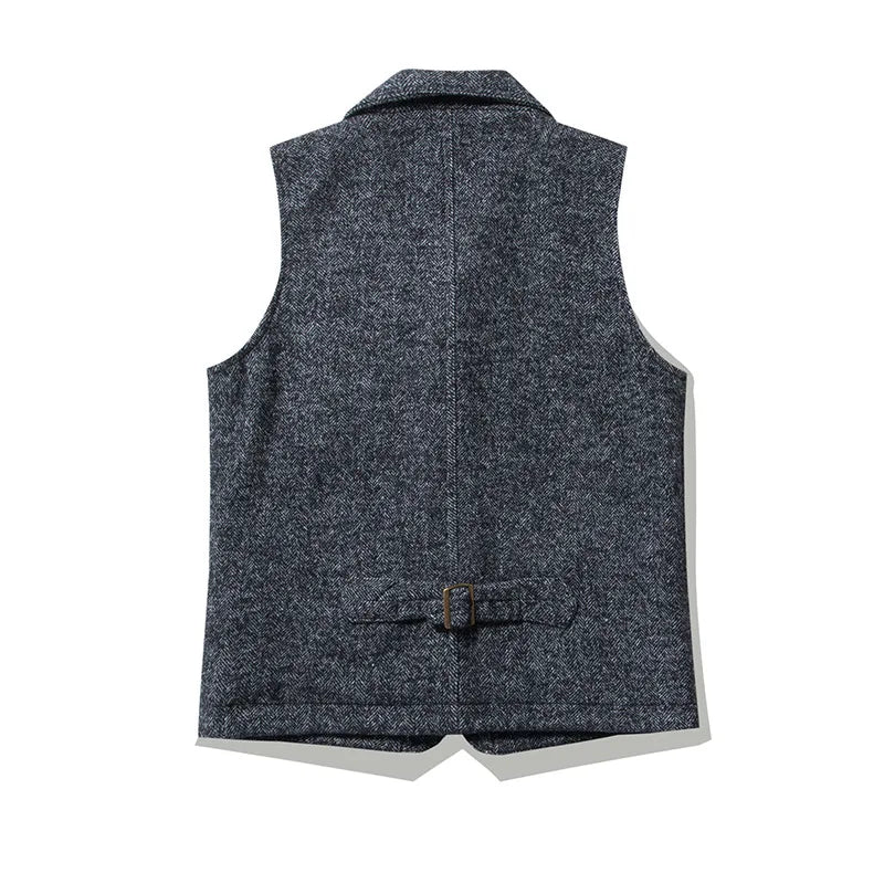 Good Quality Winter Fashion Men's Retro British Tweed Wool Vest Thick Double-Layer Multi-Pocket Suit-Collar Vest Warmth Top Male