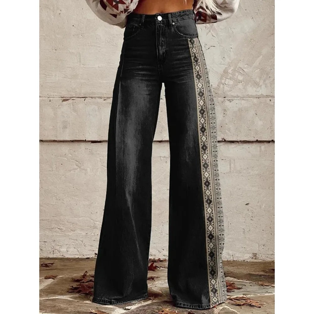 Pink Green Aztec Geometric Print High Waist Wide Leg Pants Cotton Casual Boho Trousers Vintage Women's Western Casual Trousers