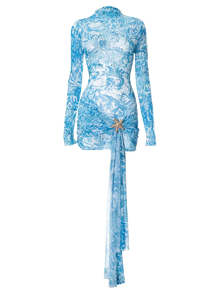 Women Blue Print Mesh Short Dresses Chic Sexy Summer Long Sleeve See-through Bandage Starfish Holiday Beach Dress Streetwear Hot