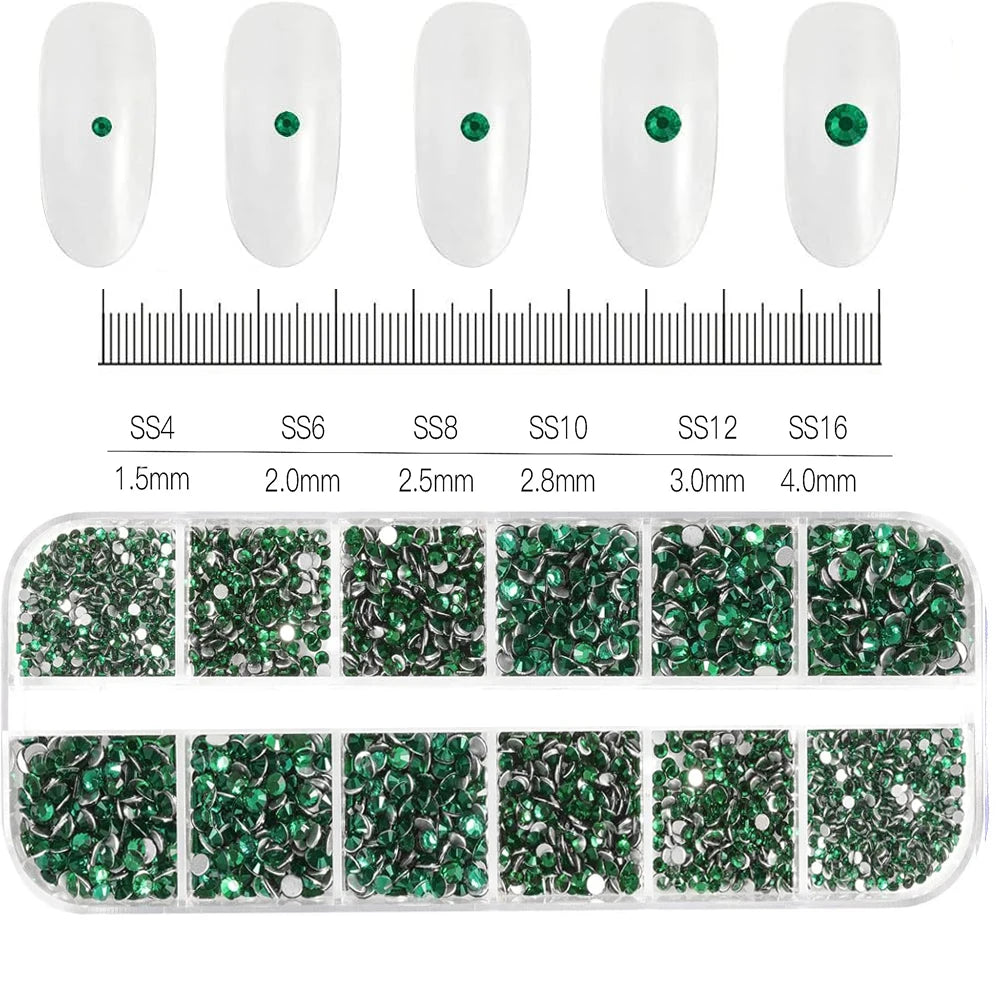 12Grid/1500PCS Shiny Crystal Nail Art Rhinestones SS4-16 Silver 3D Flatback Semicircler Nail Charms Gemstones for DIY Decoration