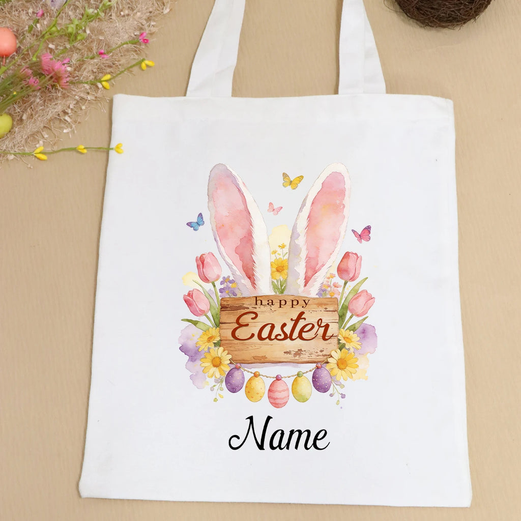 Custom Easter Tote Bag With Bunny And Floral Design, Personalized Name Shoulder Handbag For Spring Celebrations,