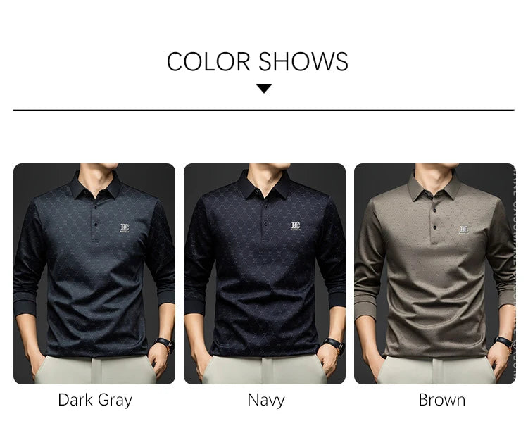 BROWON 2026 Spring Autumn Elegant Polo Shirts for Men Long Sleeve Lapel Color Printed Soft Comfortable Males Tops and Tees