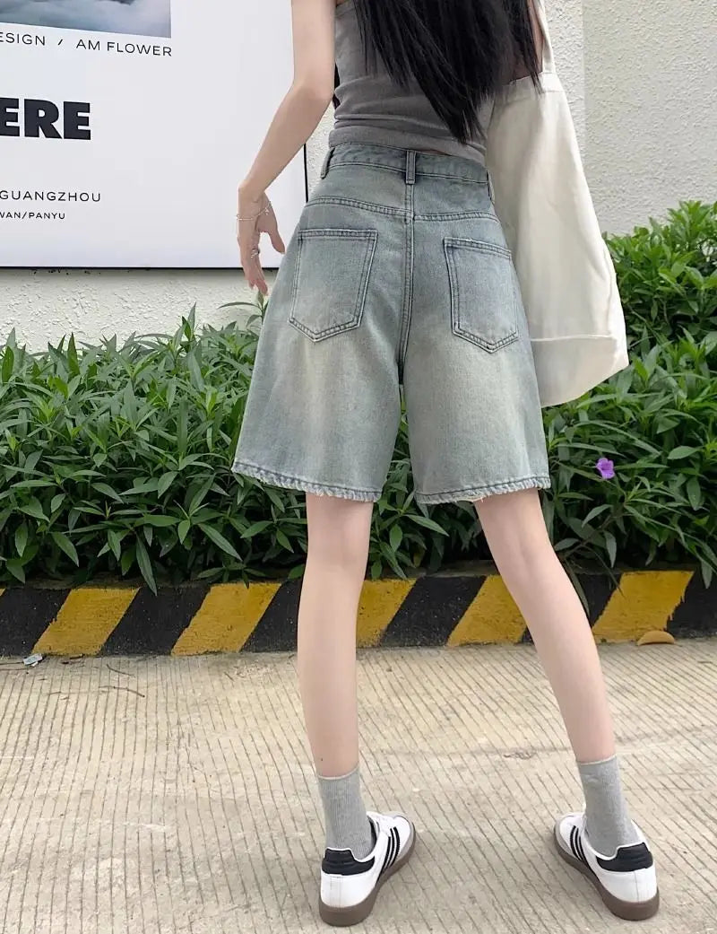Denim Shorts Vintage High Waist Loose Fit Distressed Design Ins Style Sweet Spicy Girls All-match Casual Summer Streetwear Y2k