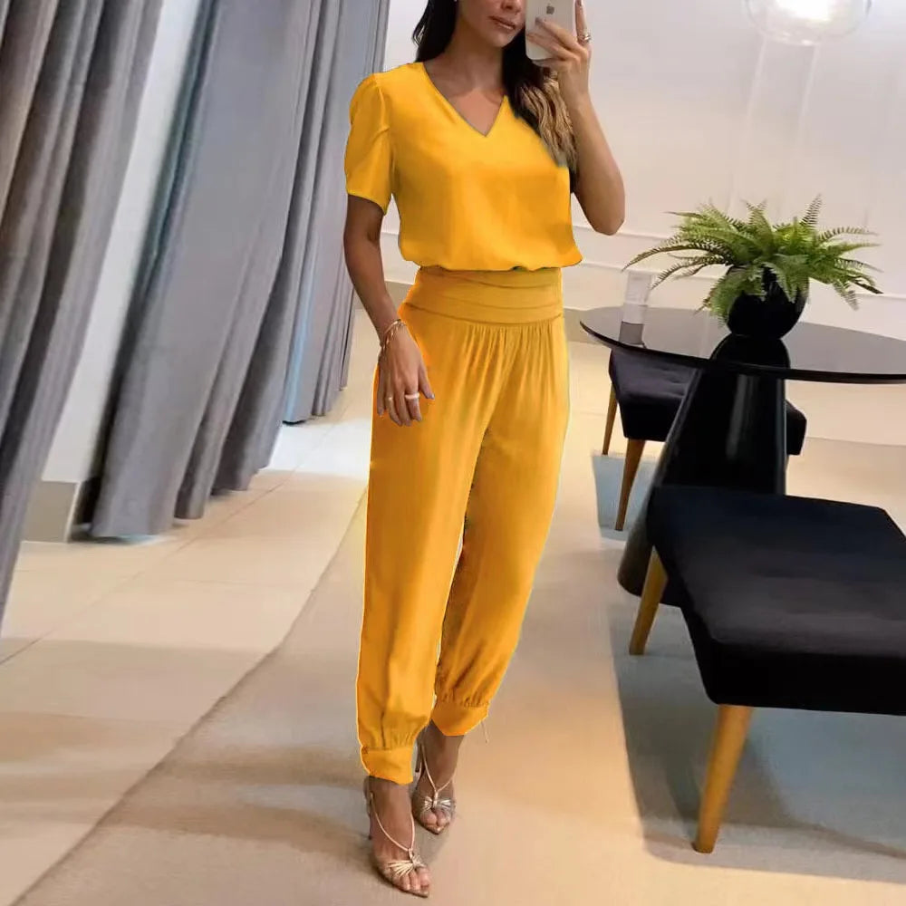 2025 New Long Pant Sets Summer Fashion Casual V-neck Print Short Sleeve Trousers Suit Two-piece Set 2 Piece Sets Women Outfit