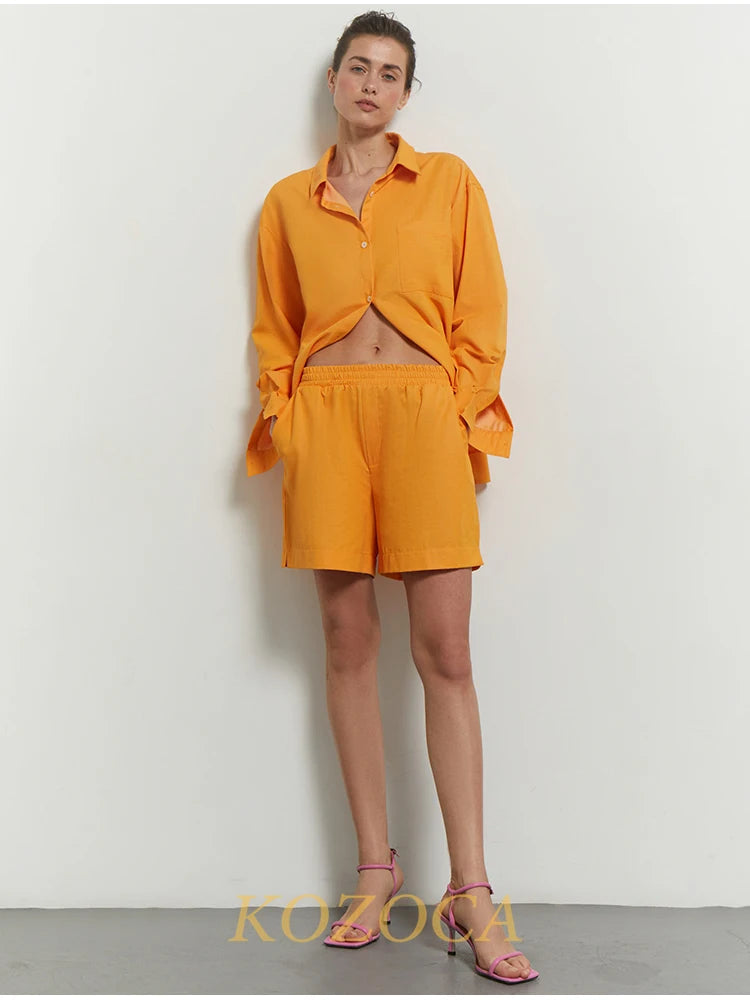 Summer Two Piece Set Women Shorts Suit Green Lapel Long Sleeve Shirts Sets Female Elegant Casual High Waist Pants Lady Outfits