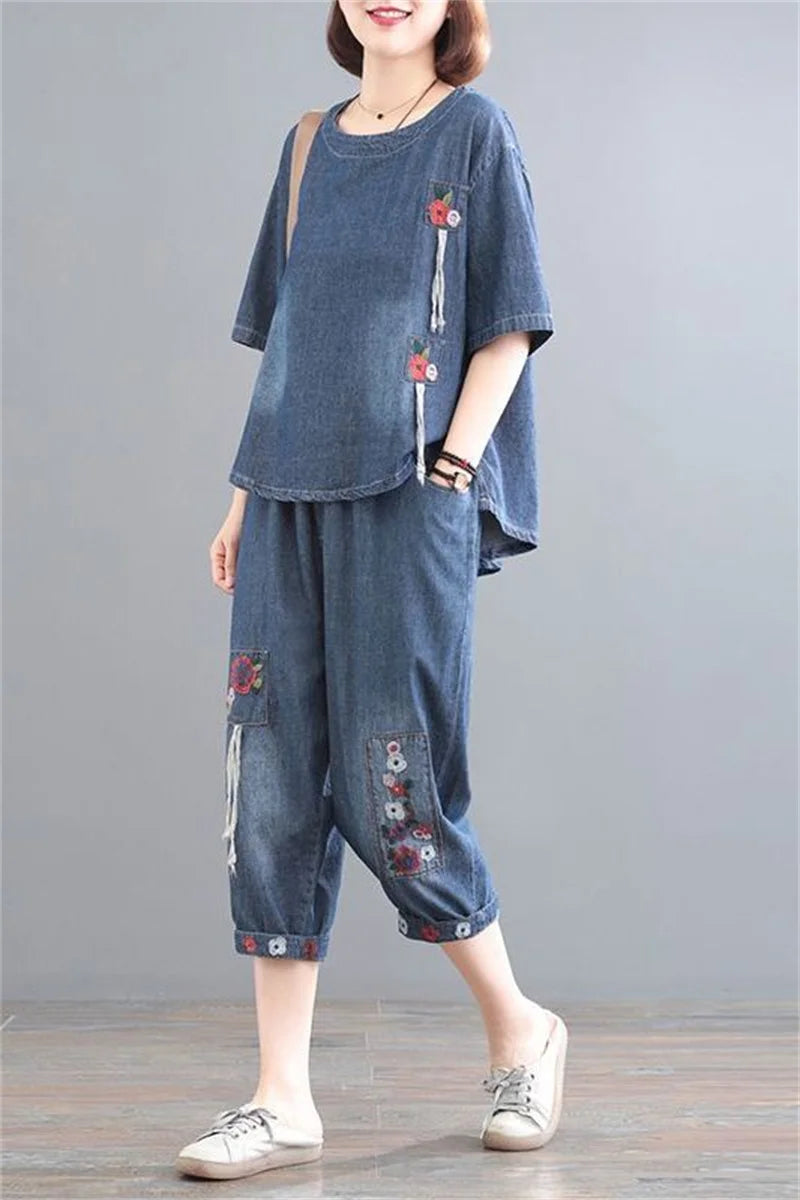 Women Denim Set Female Jeans Two Piece Set 2025 New Spring Summer Thin Korean Loose Cowboy Pants 2 Piece Set Large Size 2PCS