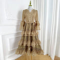 Elegant Hollow Out Lace Dress V-neck Vintage Flare Long Sleeves Chic Bandage A-line Long Dresses French High Street Clothing