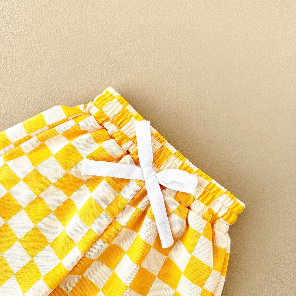 2PCS Kids Clothes Baby Boys Girls Solid Color Short Sleeve T-shirt Plaid Pattern Shorts Sets Baby Clothing Sets 0-3Y