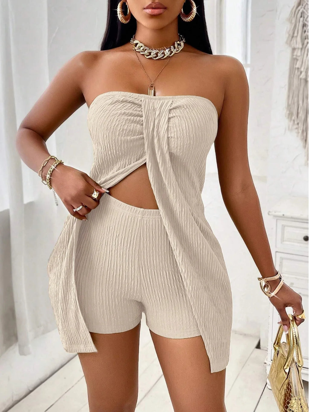 Wrapped Chest Top Shorts Two-piece Set Summer Women's New Solid Color Sleeveless Casual Long Slit Top Shorts Set Костюм Женский