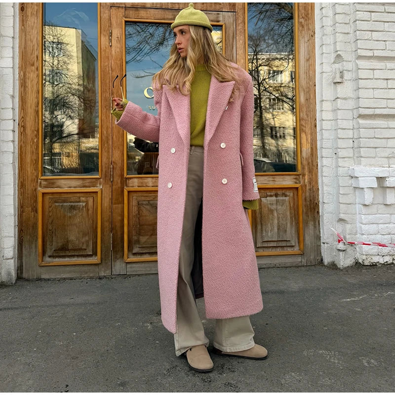 Women Olive Green Oversized Coat Notched Lapel Double Breasted Straight Outerwear Vintage Fall Winter Daily 2026 Office Outfit