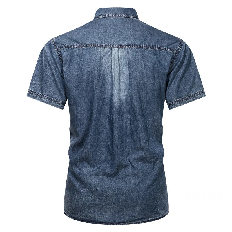 Men Short Sleeve Denim Shirts Multi pockets Tooling Shirts New Summer Blue Jeans Shirts High Quality Men Cotton Casual Shirts 3
