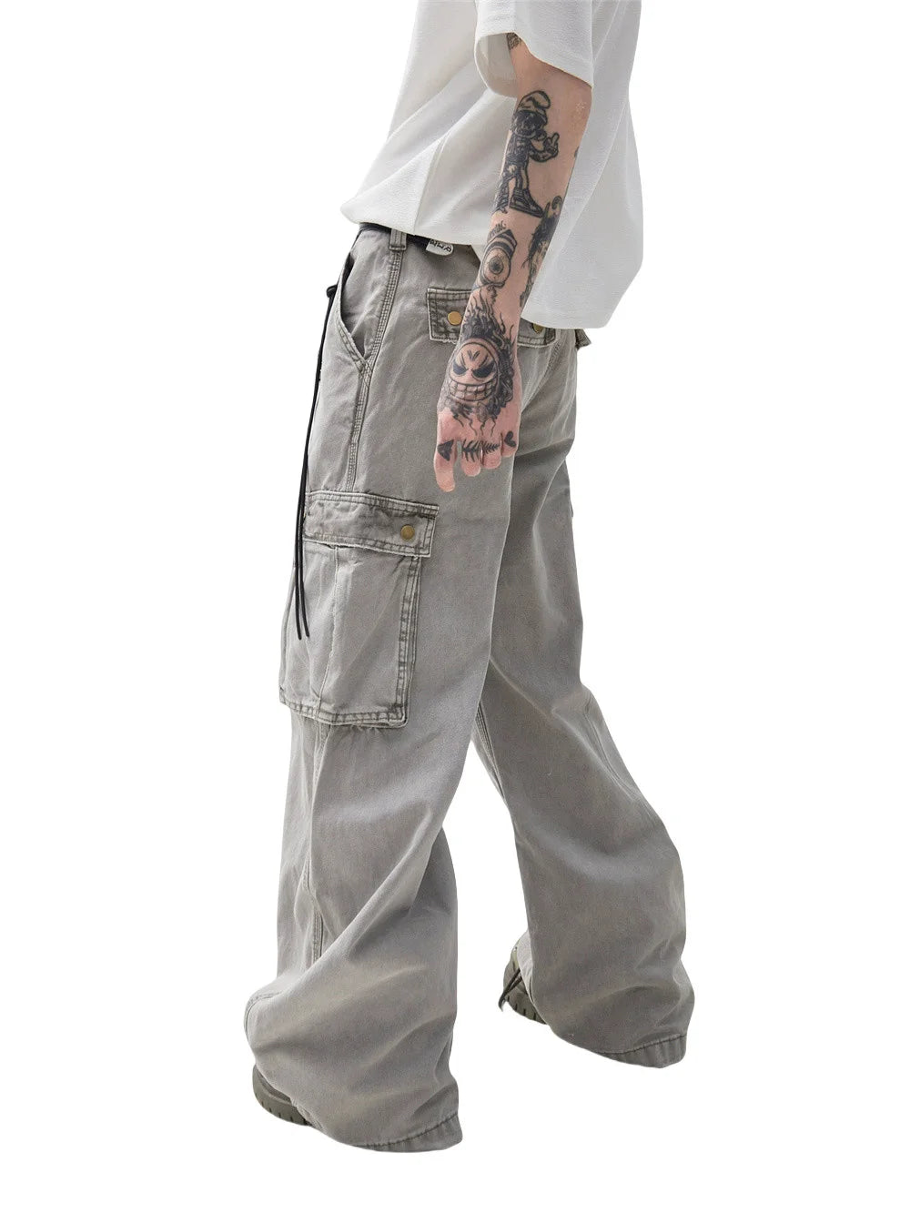 Multi-Pocket Cargo Jeans Mens Retro High Street Washed Distressed Straight Wide Leg Trousers Men