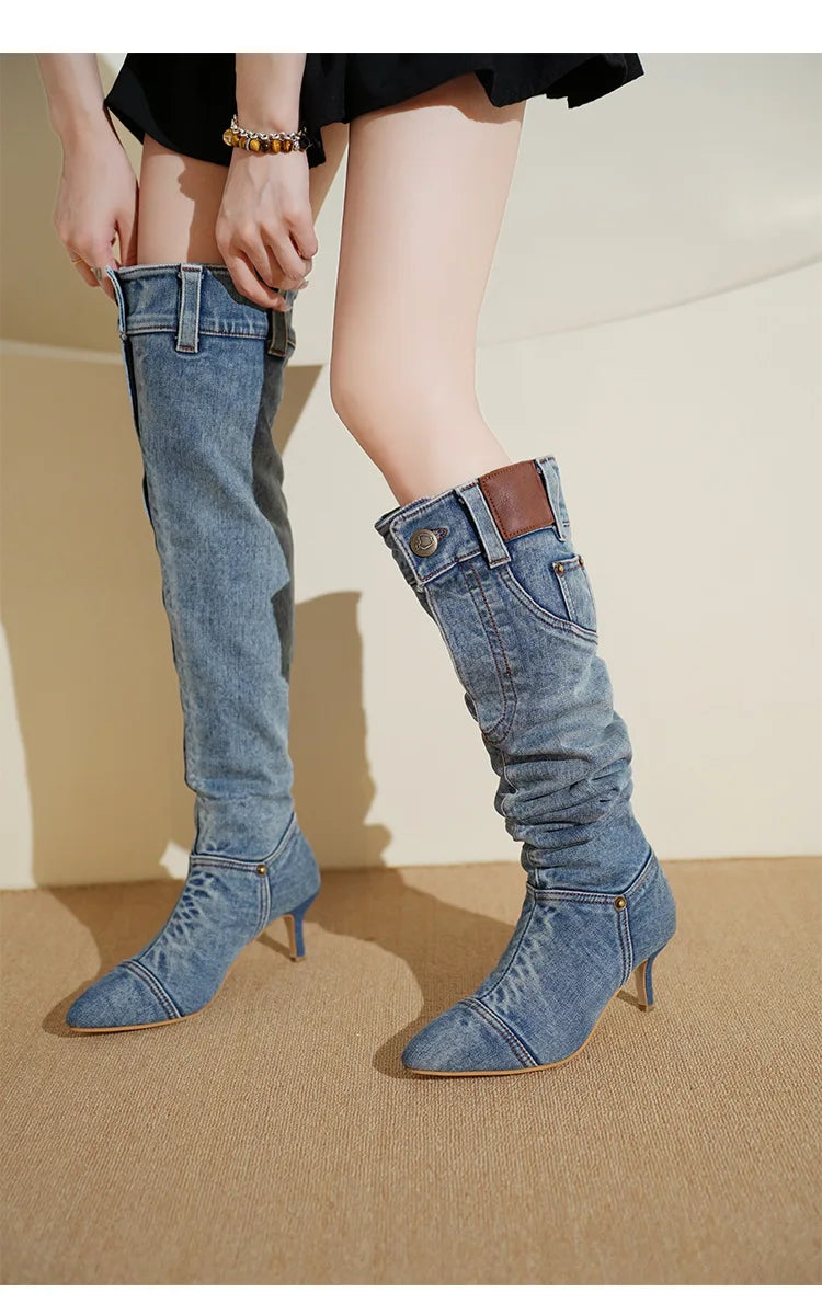Denim Long Boots Women Knee Boots New 2025 Autumn Winter High Heels Retro Western Hot Girl Cowboy Boots Lady Modern Boot Botas