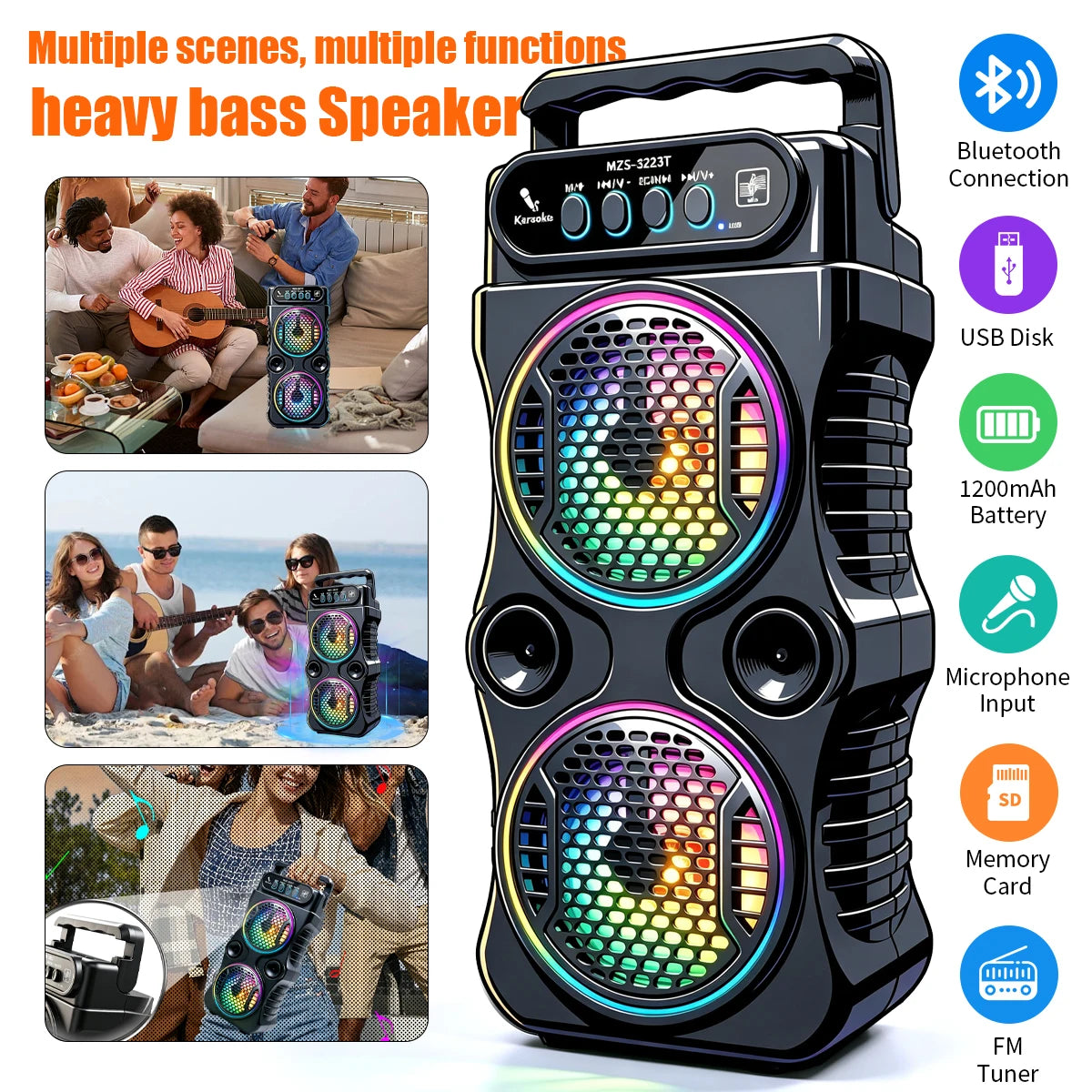 8800Hz Portable Bluetooth Speaker, Portable Heavy Bass Loud Speaker with RGB Colorful Lights & Microphone, Support USB TF