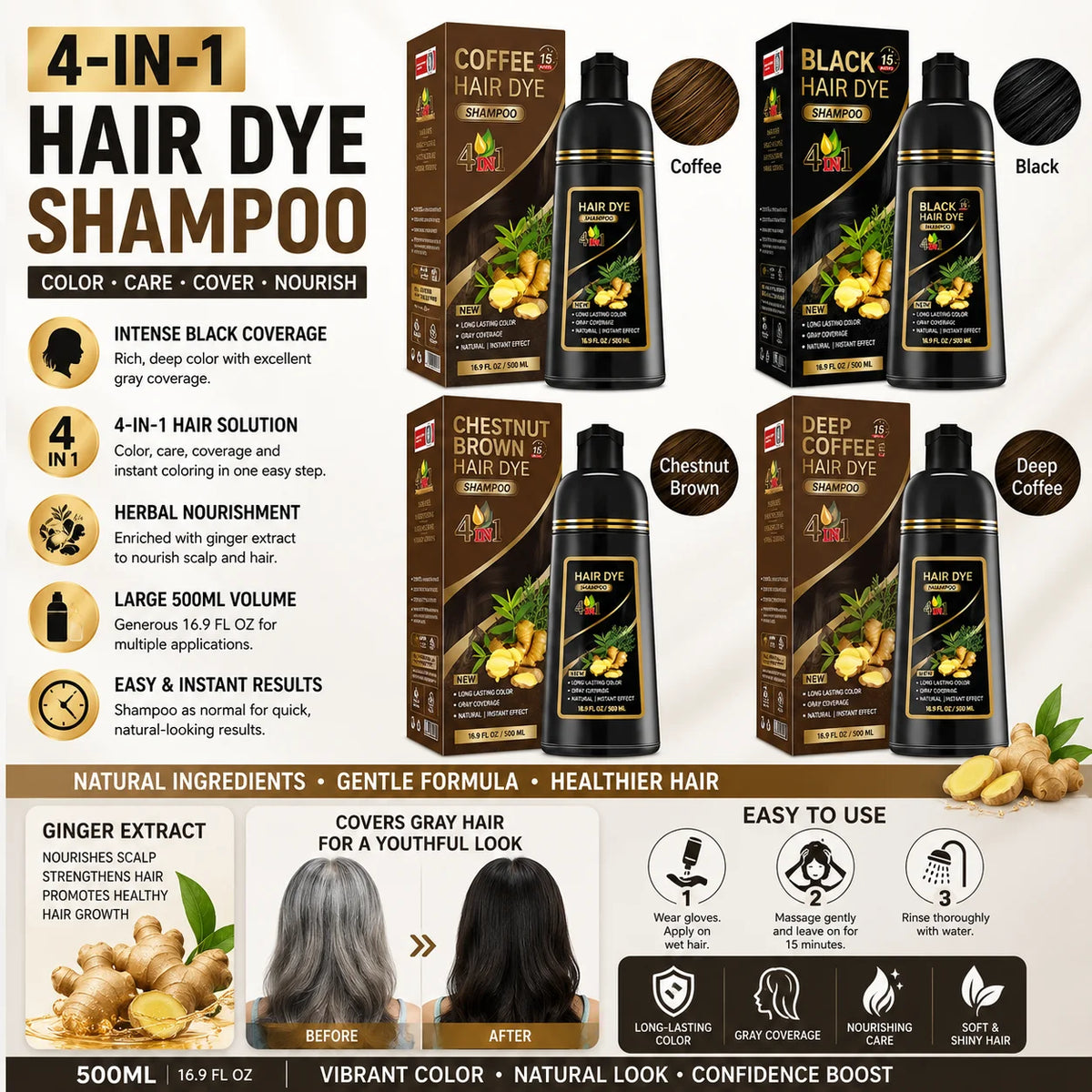 Black Brown Hair Dye Shampoo 500ml,4-in-1 Color Shampoo for Gray Coverage, Long-Lasting Natural Hair Coloring for Women Men
