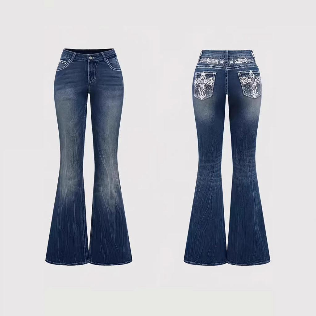 Denim Pant Women Bootcut Jeans Embroidery Vintage Washed Mid Waist Straight Trousers Slim Fit Y2k Streetwear Work Casual Summer