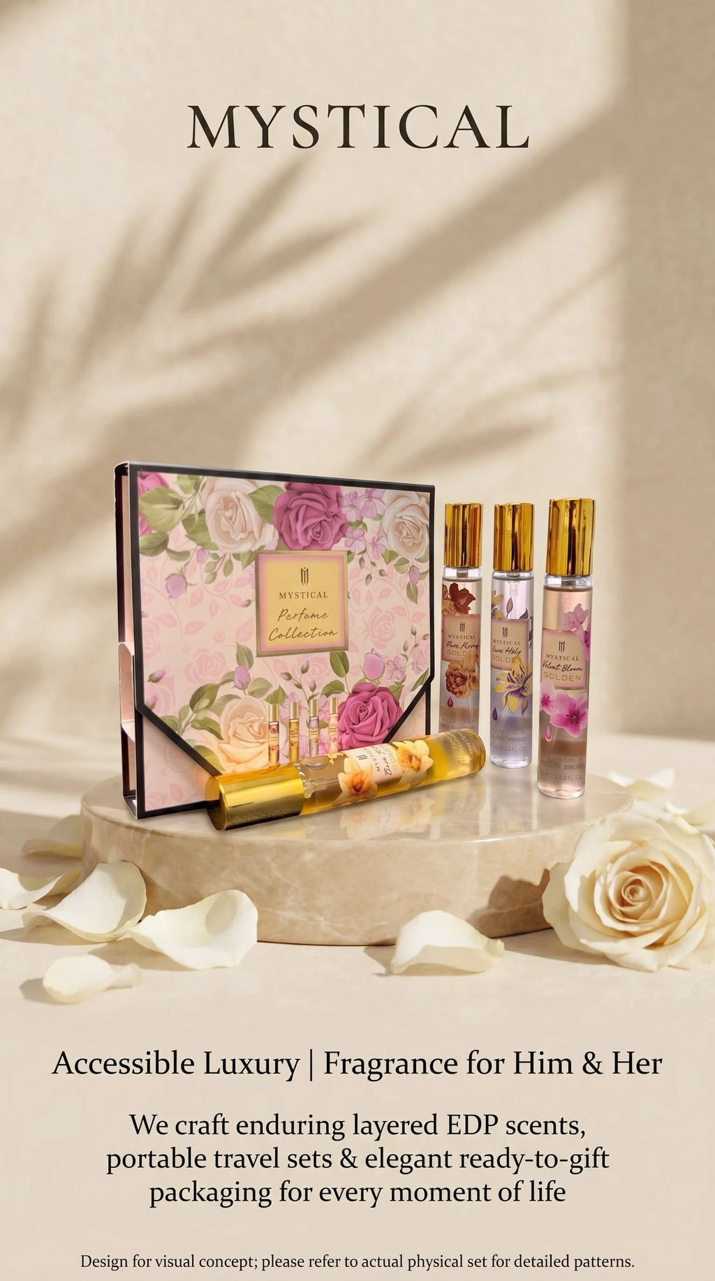 MYSTICAL 4pcs Satin Bloom Perfume Variety Gift Set, Long Lasting EDP Fragrance Selection for Garden Brunch, Weddings & Parties, Sweet Cherry, Damascus Rose & Gardenia, 0.68oz X 4 Portable Sprays, Luxury Beauty Fragrance Wardr