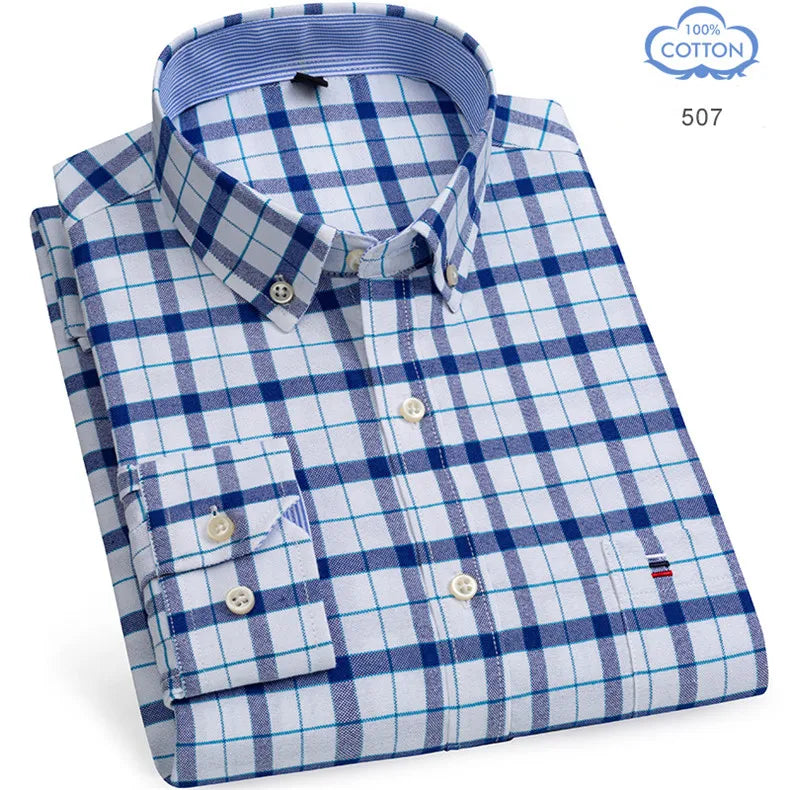 100% Pure Cotton Oxford Shirts for Men Long Sleeve  Plaid Shirt Striped Male Shirt BusinessTartan  Red Shirt Men Designer Shirts