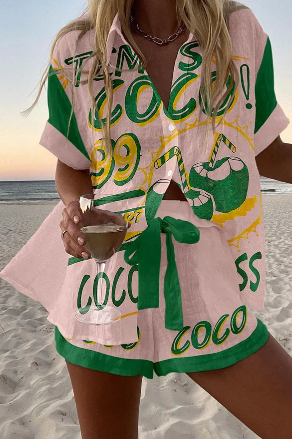 Fashion Print Beach Holiday 2 Piece Set Women Summer Short Sleeve Shirt Top Wide Legs Shorts Women's Oversize Two Piece Outfit