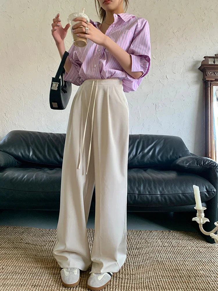 Elastic Waist Drawstring Loose Slim Casual Versatile Trousers 2026 Autumn New High Waist Women Wide Leg Suit Pants