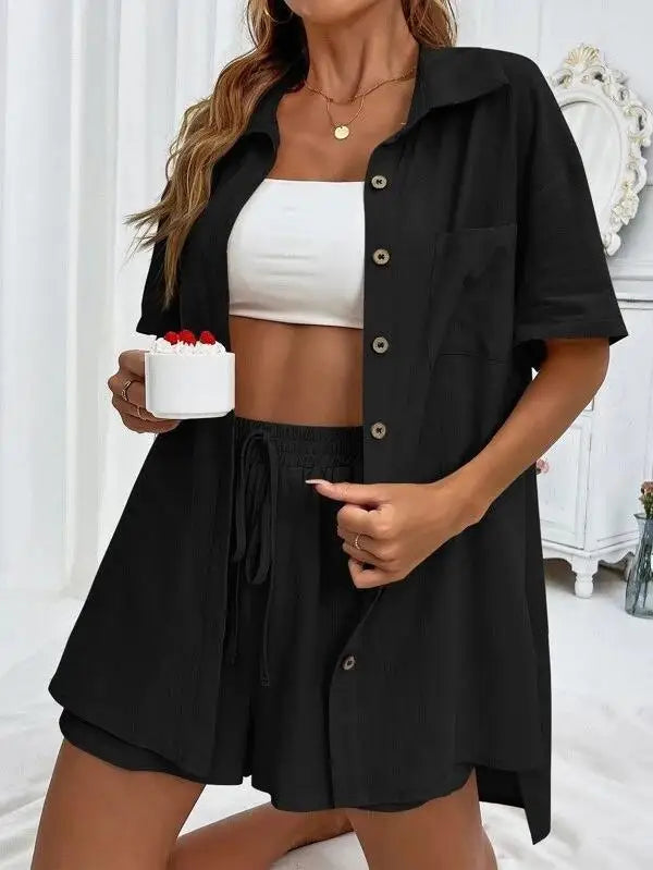 Solid Color Single Breasted Top Casual Loose Short Pants Sets Women Summer Women's 2 Pieces Suit Full Set Female Outfit Clothes