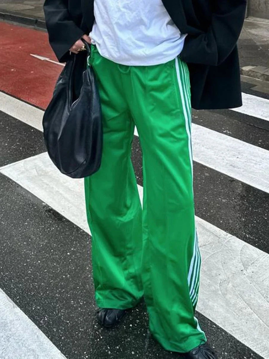 Women's Striped Pants Loose Elastic Waist Drawstring Straight Leg Casual Sweatpants with Pockets y2k Low Rise Baggy Trousers
