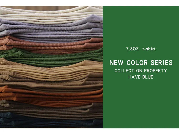 Have Blue Pure Cotton Base Shirt Solid Color T-Shirt American Retro Round Neck Short Sleeve Heavyweight T-Shirt for Men