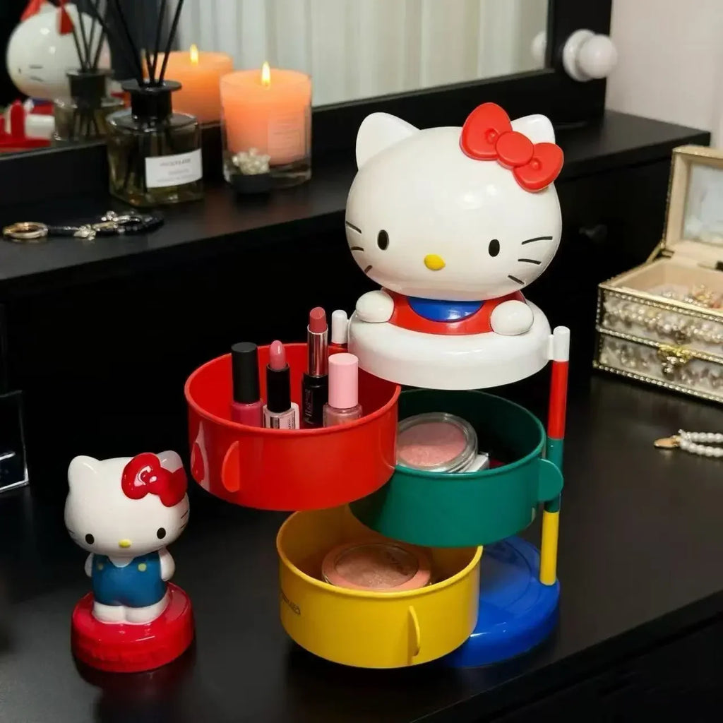Hello Kitty Organizer Box Kawaii Rotating Storage Box Cute Makeup Holder Three Layer Desktop Organizer