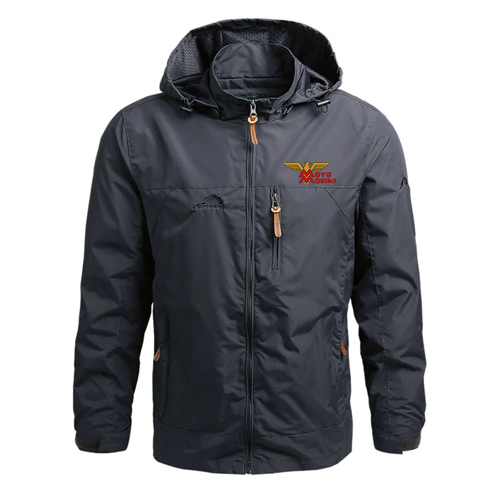 2024 Spring Autumn Mens Moto Morini Logo Print Popular Cardigan Zipper Detachable Hat Design Zipper Windproof Windbreaker Jacket