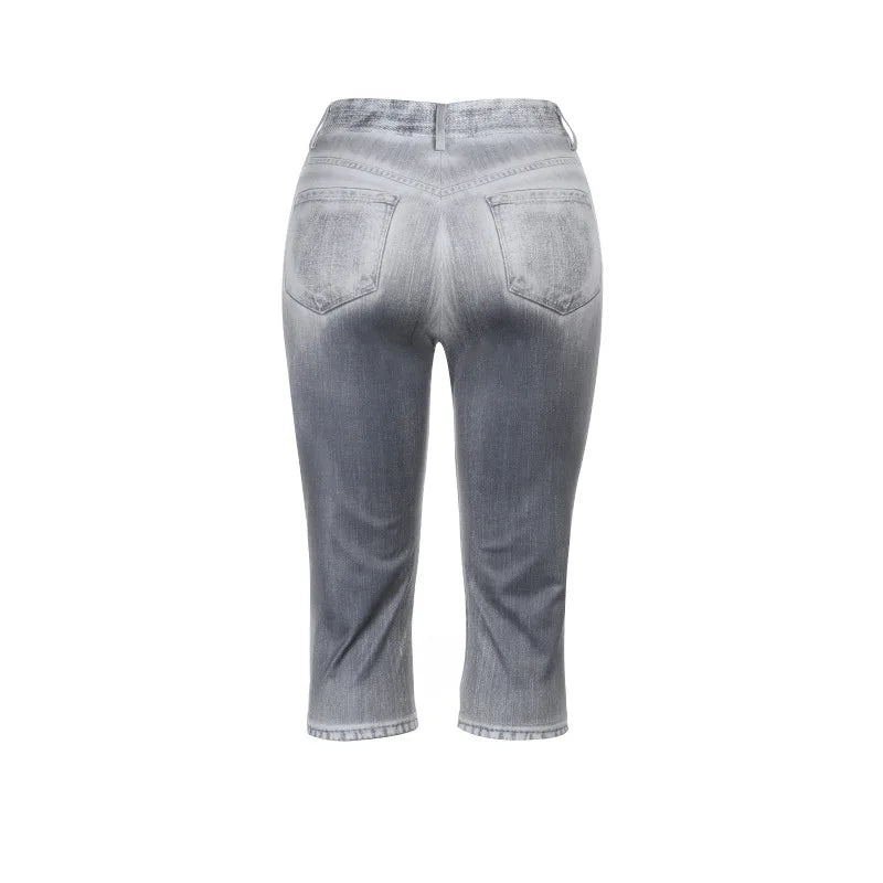 European and American Digital Printed Imitation Denim Six-point Pants 2026 Summer Vacation Beach Casual Pants