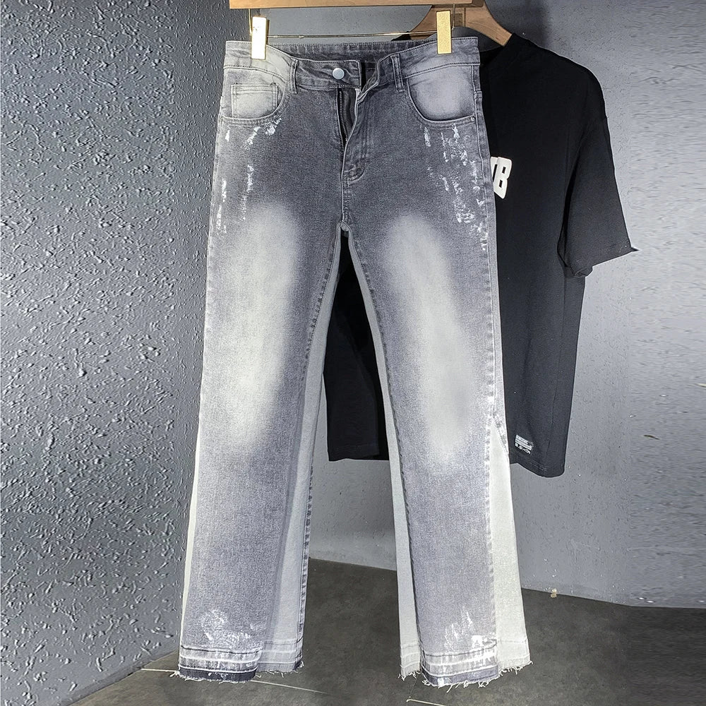 Men Painted Flared Denim Jeans Spliced Slim Boot Cut Pants Vintage Grey Cotton Released Hem Trousers