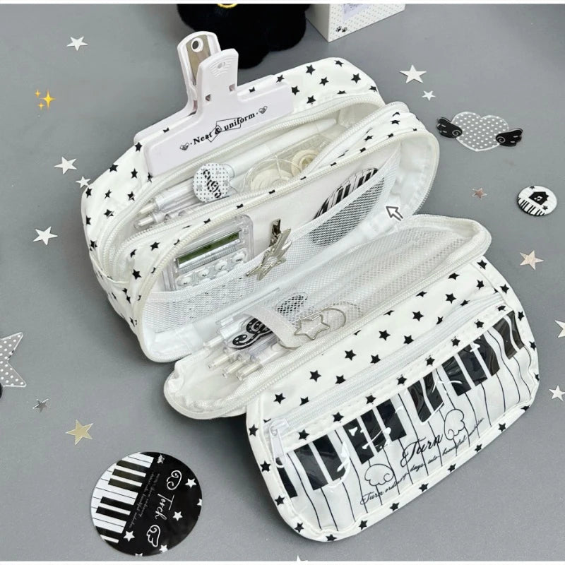 Polka Dot Piano Keyboard Backpack Back-to-school Girl Music Theme Embroidered Nylon Backpack Large Capacity Lightweight Backpack