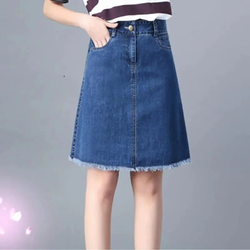 Large Size Denim Skirt For Women Spring Summer High-waisted A-line Jeans Skirt Ladies Korean Loose Tassels Mini Denim Skirts