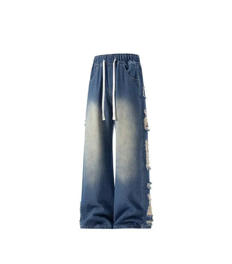 M-XXXL Men's Vintage Washed Jeans American Style Distressed Casual Denim Pants Autumn with Side Rips Drawstring Elastic Waist