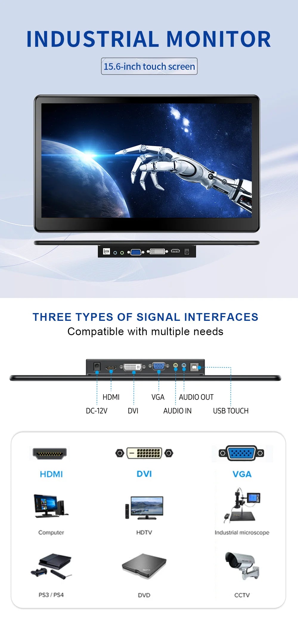15.6 Inch Touch Monitor Display 1080P FHD 1920X1080 Suitable for Second Monitor Display Supports VGA DVI  USB  HDMI Video Input