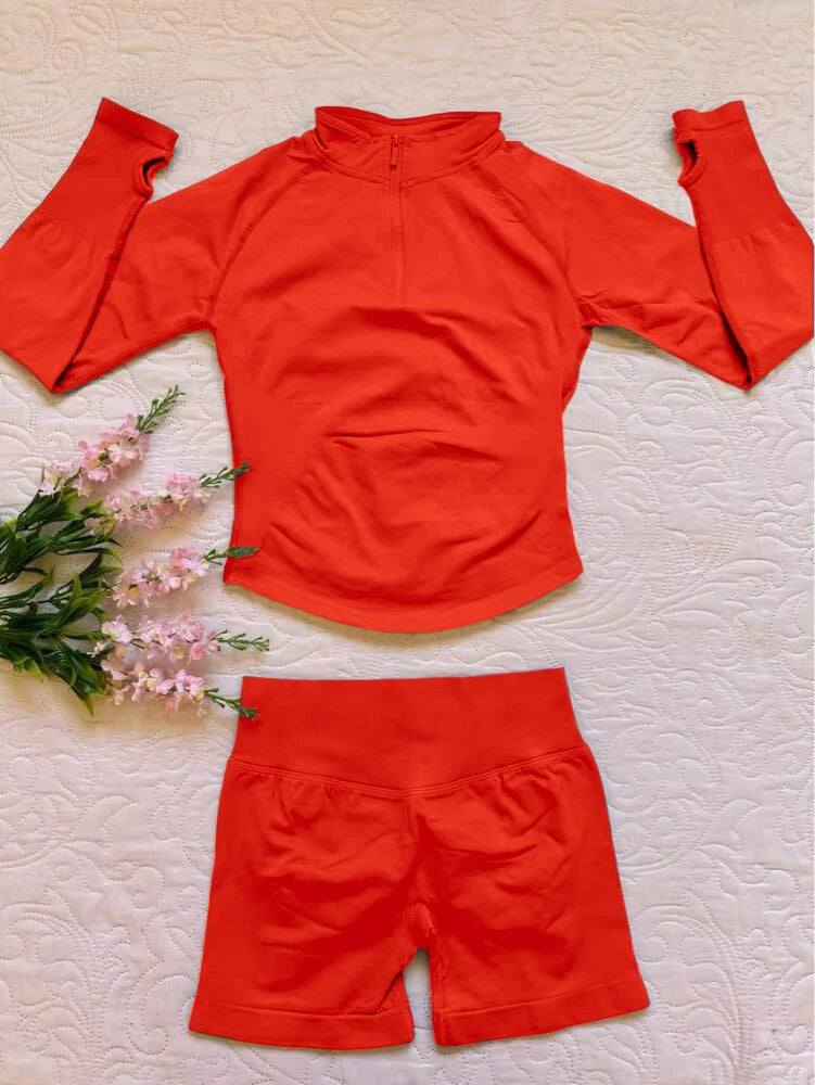 2026 2pcs Long Sleeve Yoga Set Women Half Zippy Jacket Longline Sports Top Gym Shorts Fitness Suits Running Coats Workout Set