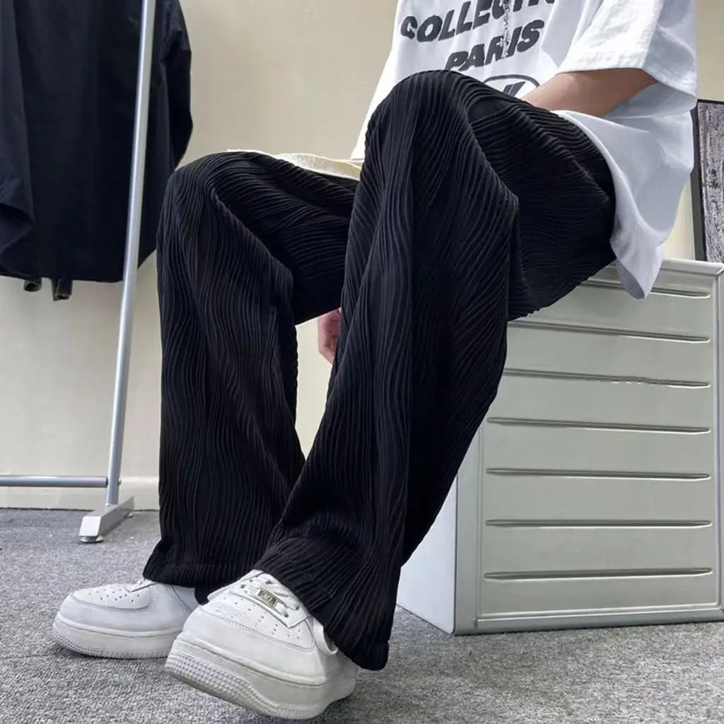 Summer Korean Fashion Simple Ice Silk Wide Leg Pants Men Solid Elastic Waist Pockets Thin High Street Loose Straight Trousers