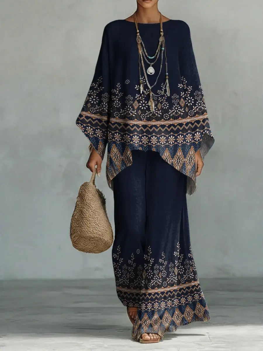 Bohemian Foreign Style Printed Women's Two-piece Set Spring Fashion O-neck Loose Top+wide Leg Pants Suit Ladies Office Outfit