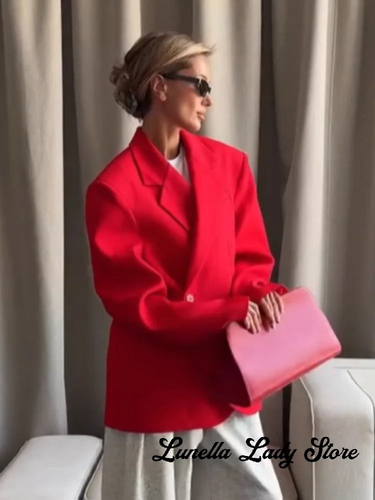 Women Red Blazer Jacket Single Button Lapel Collar Loose Casual Coats 2026 Autumn Winter New Fashion Street Oversized Streetwear
