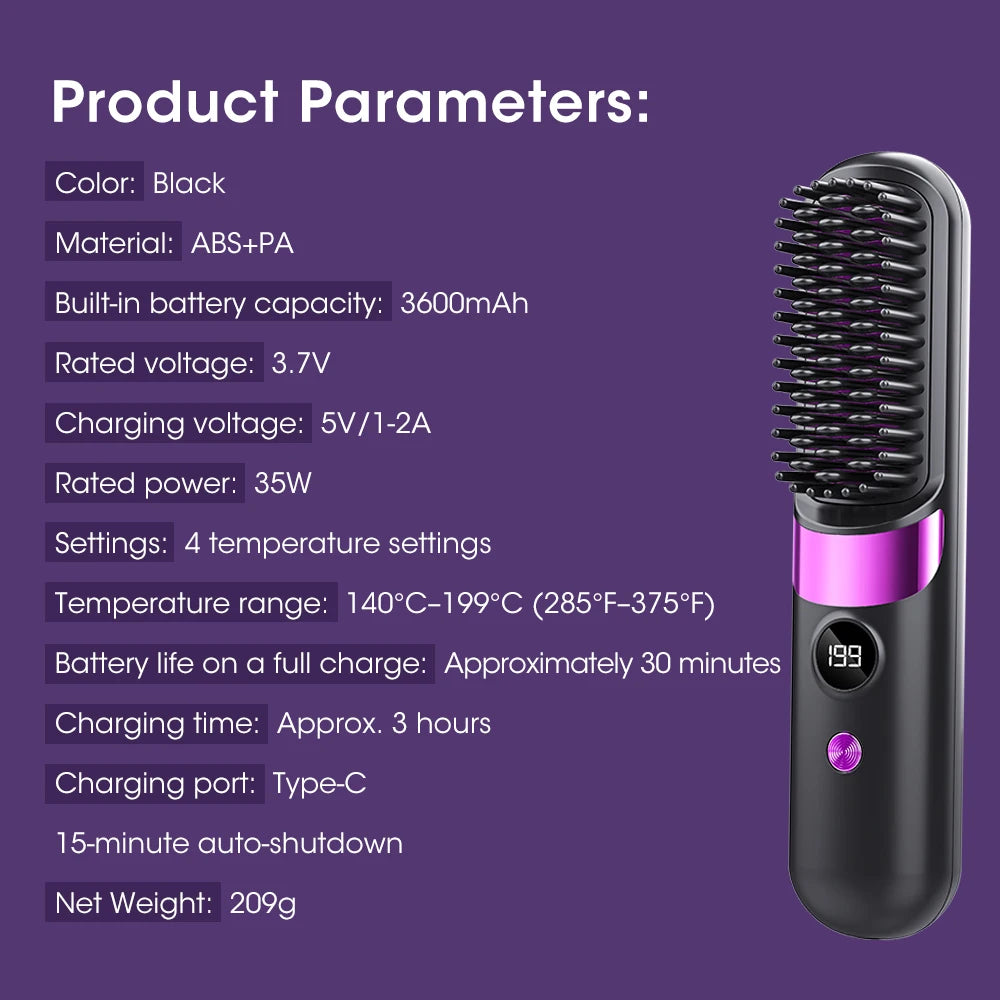 Portable Hair Straightener Brush 4 Temp Setting Cordless Straightening Comb LED Display Ceramic Coating Ionic Technology Styling