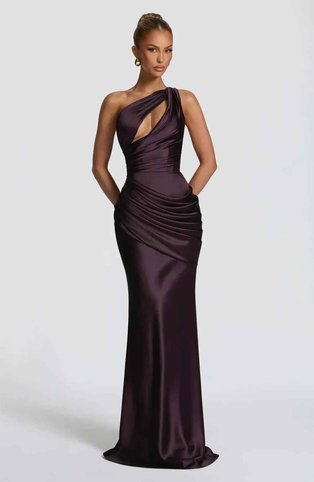Elegant One Shoulder Satin Long Dress Women Chic Solid Sleeveless Backless Waist Cinching Pleated Dresses  Lady Party Robes New