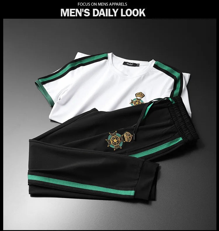 High end luxury exquisite badge embroidered short sleeve suit men's summer top fashion European casual sweatpants two piece set
