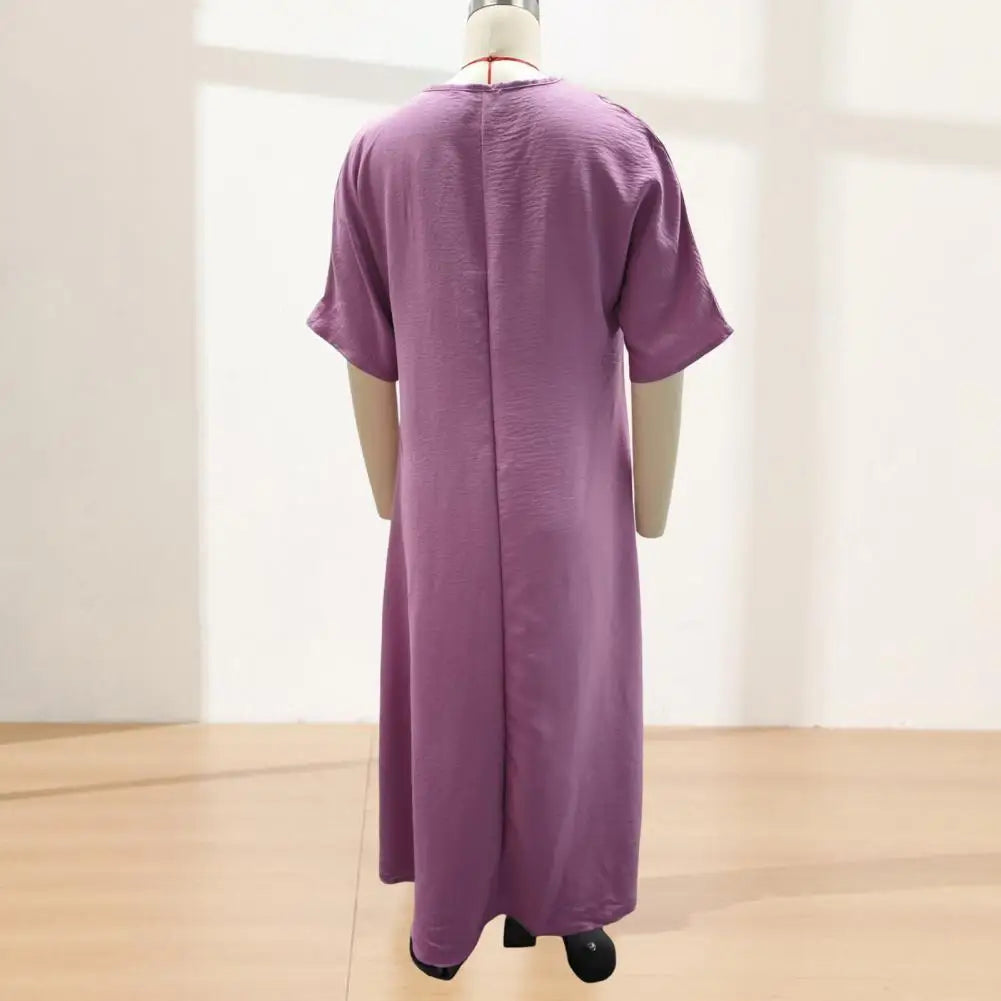 Women Dresses 2026 Casual Solid Color Short-sleeved V-neck Long Dresses Women's Clothing Vestidoes Sundress With Pockets