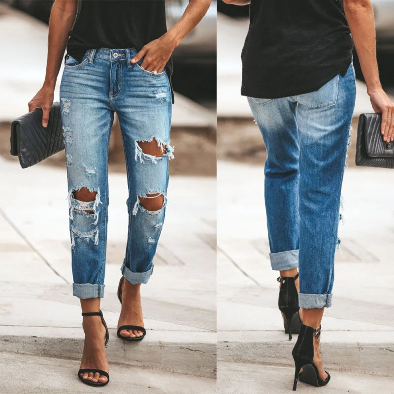 Summer 2026 Women's Casual Washed Ripped Straight Leg Jeans Street Style New Arrival