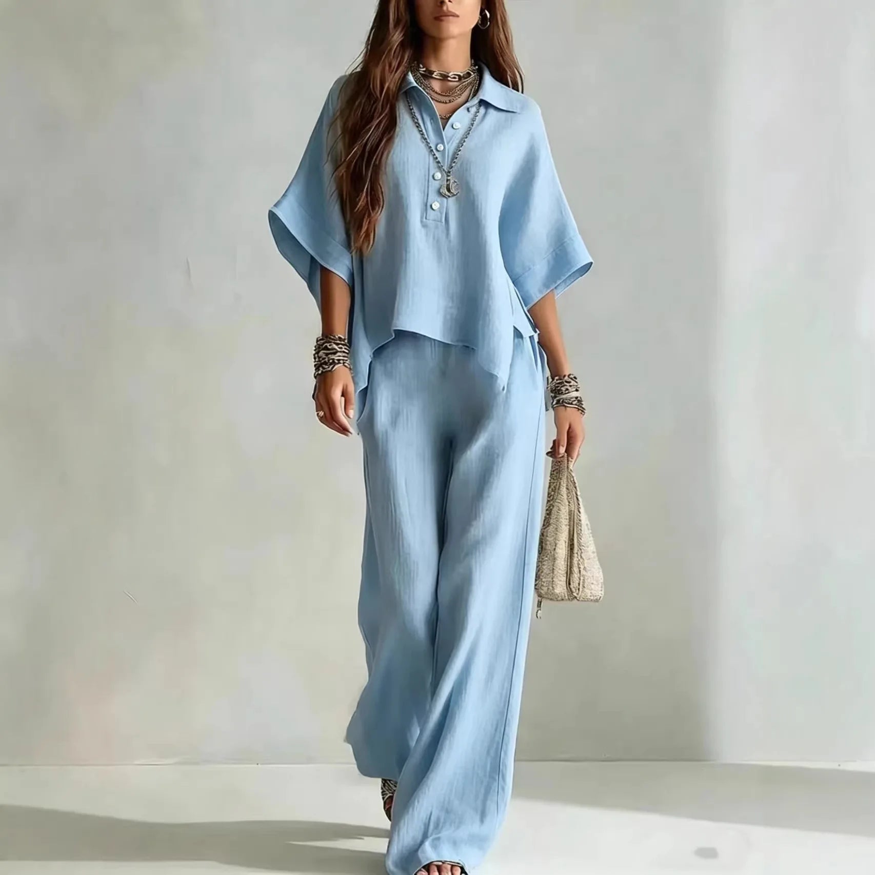 New Solid Color Pants Set 2026 Summer Loose Half-sleeved Shirt Loose Wide-leg Trousers Two-piece Set Fashion Vacation Suit