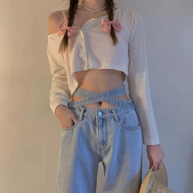 Women's High Waist Baggy Jeans Korean Trendy Loose Wide Leg Denim Pants with Ankle Ties Flowy Floor Length Streetwear