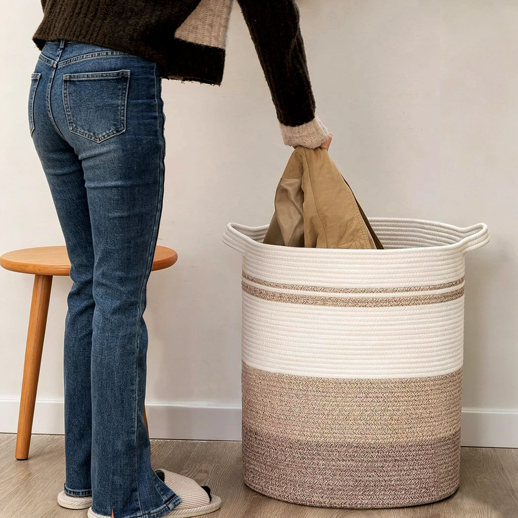 Laundry Basket with Handles - Large Woven Storage Hamper for Clothes, Blankets & Pillows, Neutral Decorative Organizer for Gift