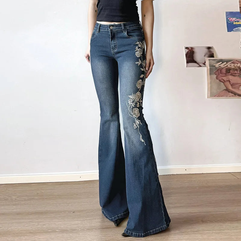 2026 Denim Trousers Y2K Flare Pants Jeans Women Embroidery Boot Cut Low Waist Washed Distressed Pockets Floor Length Streetwear
